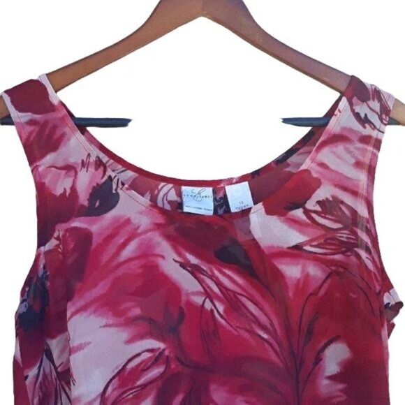 Vtg Emma James Top Sleeveless Sheer Scoop Neck Abstract Floral Pink Red Sz 10 - Picture 4 of 8